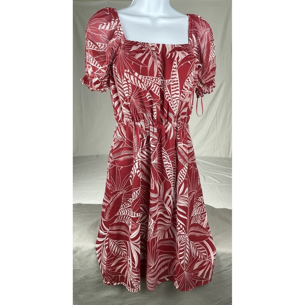Banana Republic Dress XS Red Tropical Leaf Print Puff Sleeve Smocked Mini Sundre